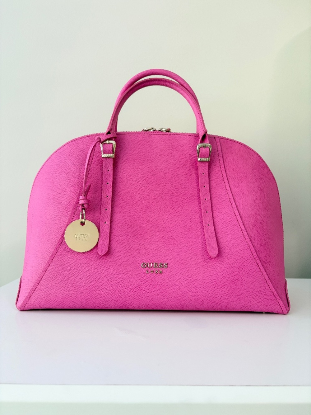 GUESS LUXE Hot Pink Genuine Leather Dome Satchel Large Bowling Bag NWOT